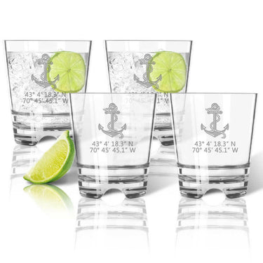 Latitude Longitude Old Fashioned Tumblers, 5 Nautical Choices + GPS Coordinates, Unbreakable Acrylic Drinkware Sets New England Trading Co